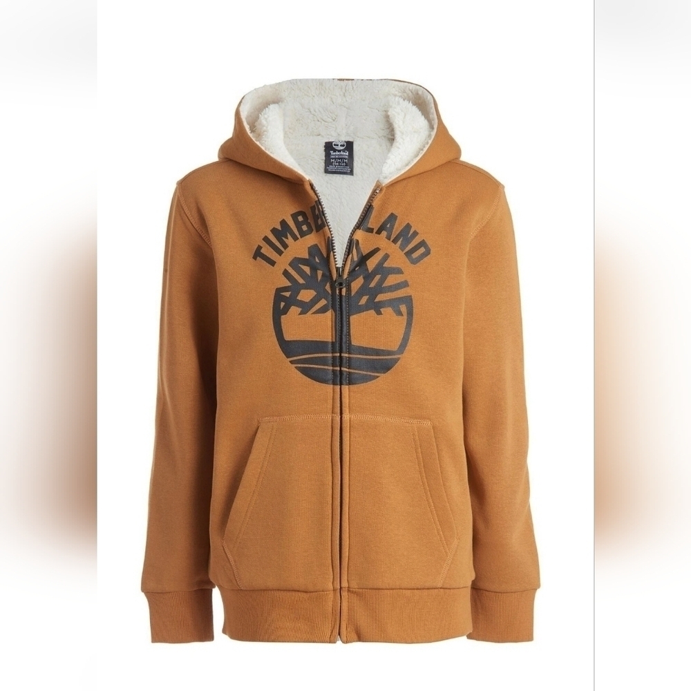 Timberland Big Boys Gold Core Tree Logo Zip Up Sherpa Lined Hoodie L